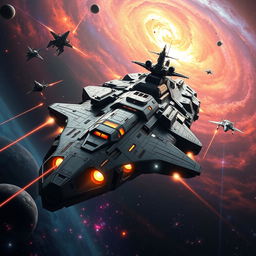 A colossal space battleship navigating through the depths of outer space, with a sleek and futuristic design