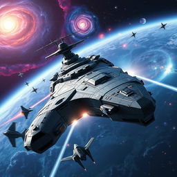 A colossal space battleship navigating through the depths of outer space, with a sleek and futuristic design