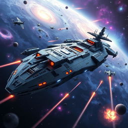 A colossal space battleship navigating through the depths of outer space, with a sleek and futuristic design