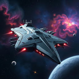 An imposing space battleship gliding majestically through the vastness of space, characterized by its angular, high-tech design and reinforced armor plating