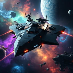 An imposing space battleship gliding majestically through the vastness of space, characterized by its angular, high-tech design and reinforced armor plating