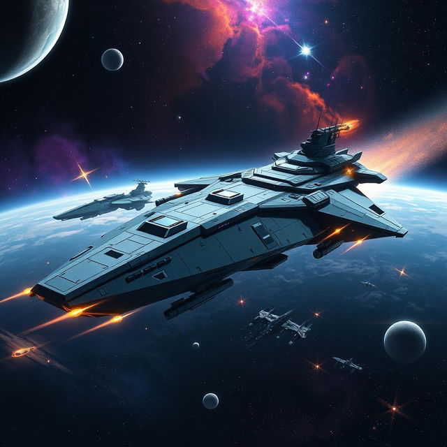 An imposing space battleship gliding majestically through the vastness of space, characterized by its angular, high-tech design and reinforced armor plating