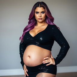A full-length portrait of an 18-year-old beautiful curvy woman who appears to be 3 months pregnant