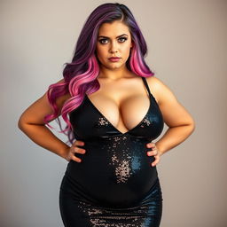 A full-length portrait of an 18-year-old beautiful curvy woman who appears to be 3 months pregnant