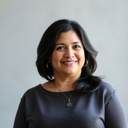 A beautiful Colombian woman, 45 years old, slightly plump with dark hair, dressed in simple yet stylish clothing suitable for a social media avatar