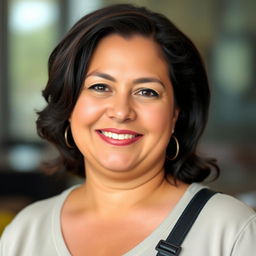 A beautiful Colombian woman, 45 years old, slightly plump with dark hair, dressed in simple yet stylish clothing suitable for a social media avatar