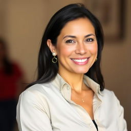 A beautiful Colombian woman, 45 years old, with dark hair and dressed in simple yet fashionable clothing, perfect for a social media avatar