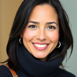 A beautiful Colombian woman, 45 years old, with dark hair and dressed in simple yet fashionable clothing, perfect for a social media avatar