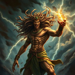 A dramatic representation of Seth, the chaotic and energetic Egyptian god, amidst a fierce storm