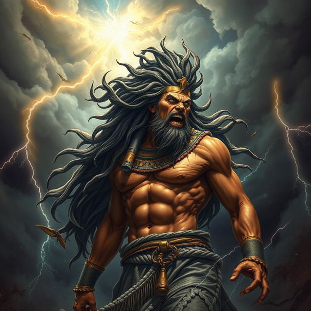 A dramatic representation of Seth, the chaotic and energetic Egyptian god, amidst a fierce storm