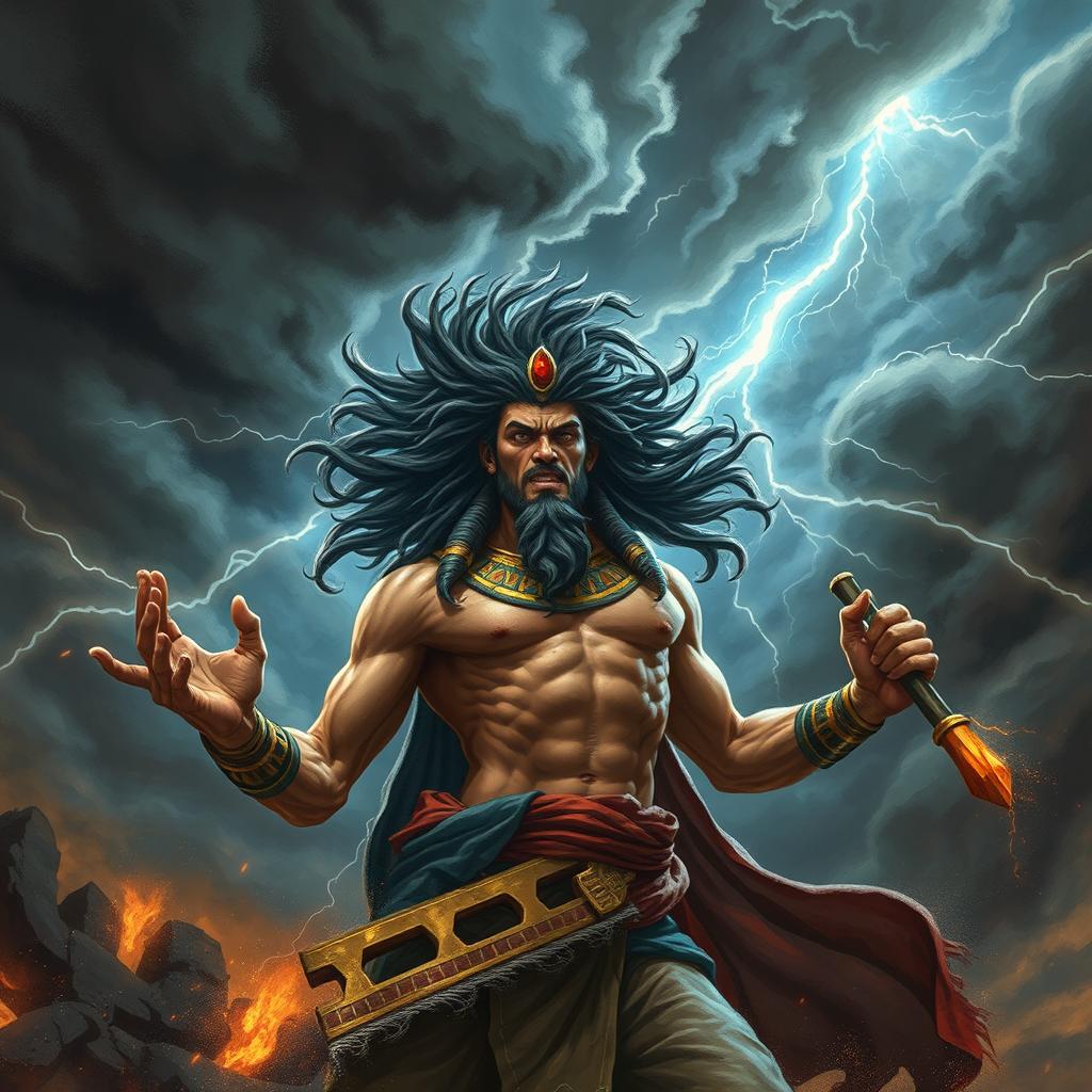 A dramatic representation of Seth, the chaotic and energetic Egyptian god, amidst a fierce storm