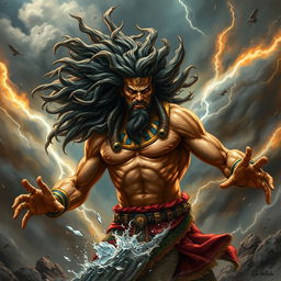 A dramatic representation of Seth, the chaotic and energetic Egyptian god, amidst a fierce storm