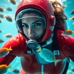 A striking woman wearing a vibrant red shiny cold water immersion suit, designed for extreme aquatic environments