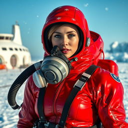 A stunning woman clad in a striking red shiny cold water immersion suit designed for arctic conditions