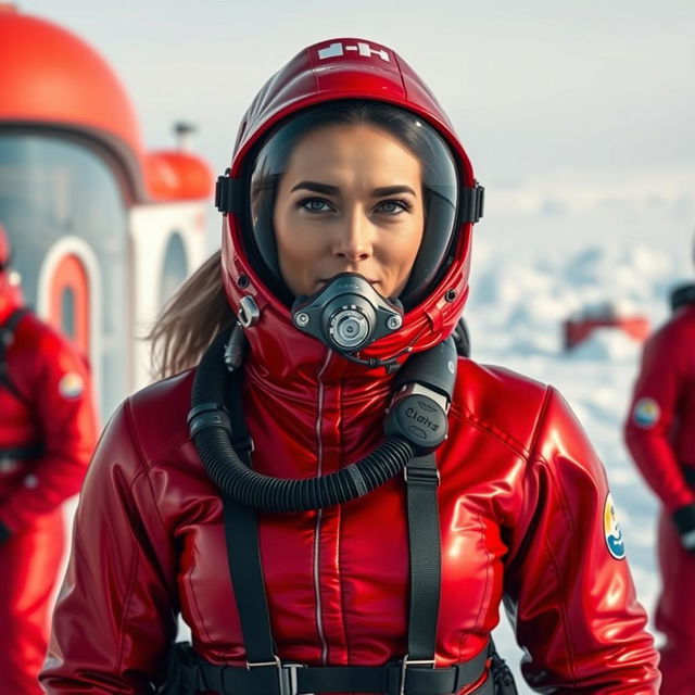 A stunning woman clad in a striking red shiny cold water immersion suit designed for arctic conditions