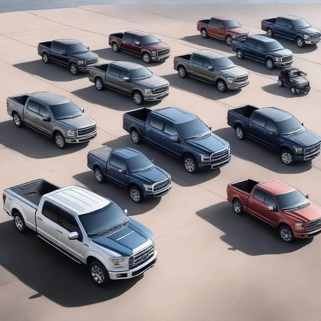 A spacious parking lot, filled with meticulously detailed Ford F-150 trucks