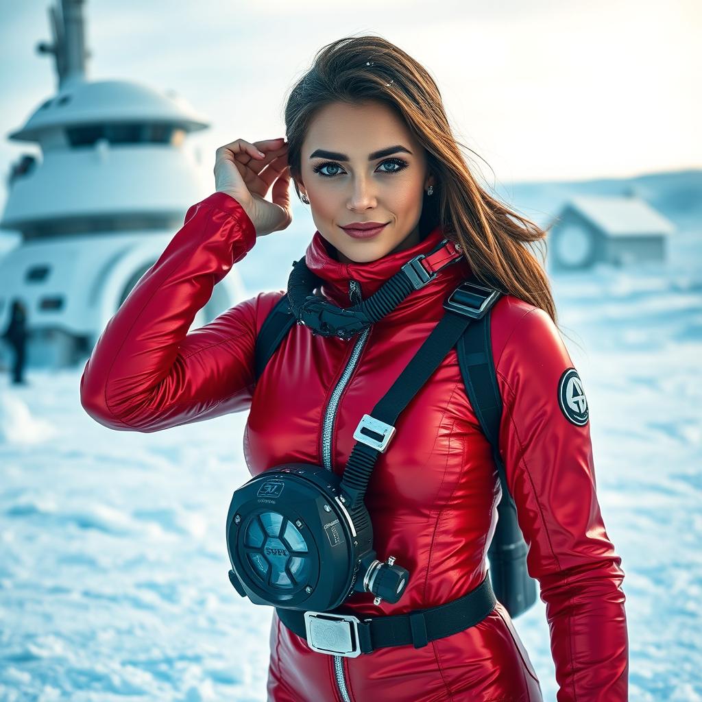 A captivating woman in a vibrant red shiny cold water immersion suit, designed for extreme arctic conditions