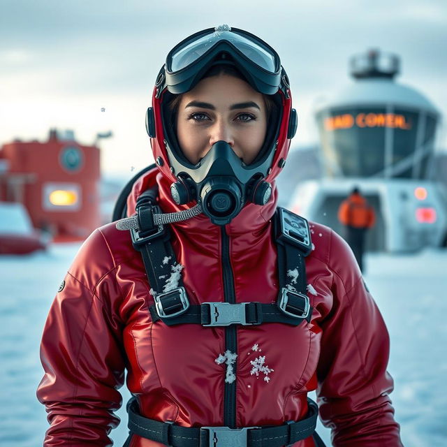 A captivating woman in a vibrant red shiny cold water immersion suit, designed for extreme arctic conditions