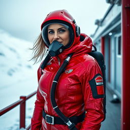 A captivating woman in a vibrant red shiny cold water immersion suit, designed for extreme arctic conditions