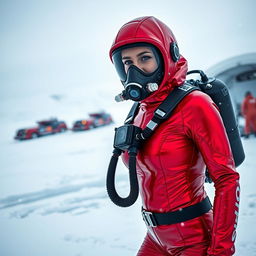 A captivating woman in a vibrant red shiny cold water immersion suit, designed for extreme arctic conditions