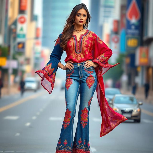 A creative fusion fashion piece featuring a stylish pair of jeans combined with traditional salwar elements