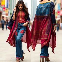 A creative fusion fashion piece featuring a stylish pair of jeans combined with traditional salwar elements