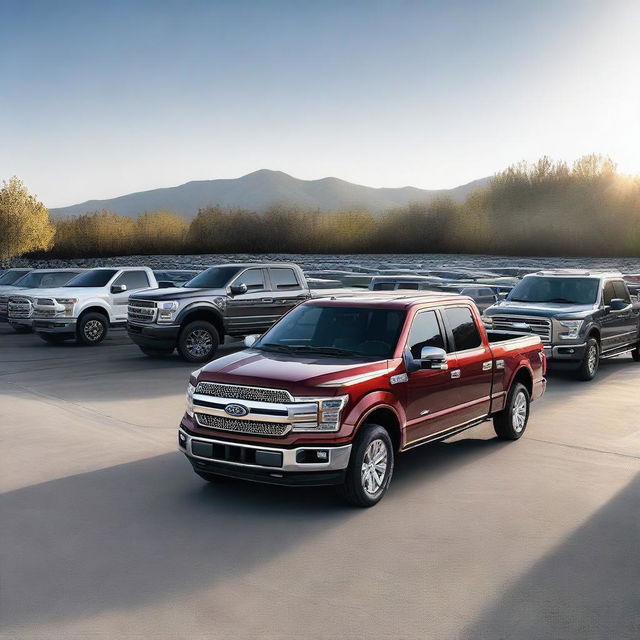 A spacious parking lot, filled with meticulously detailed Ford F-150 trucks