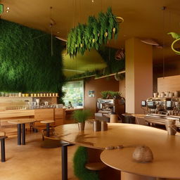 A unique, green-themed cafe heavily inspired by grasshoppers. Earthy tones dominate the space with grasshopper sculptures on display, tables imprinted with leaf textures and espresso machines echoing a bug's design. Pendant lights resemble grasshoppers, with coffee-themed artwork featuring these insects.