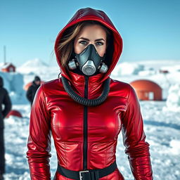 A hot woman wearing a red shiny cold water immersion suit, showcasing a sleek and fashionable design