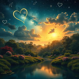 A surreal landscape representing the concept of an eternal puzzle, blending elements of love and pain intertwined with the beauty of nature and the vastness of the universe