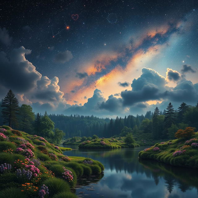 A surreal landscape representing the concept of an eternal puzzle, blending elements of love and pain intertwined with the beauty of nature and the vastness of the universe