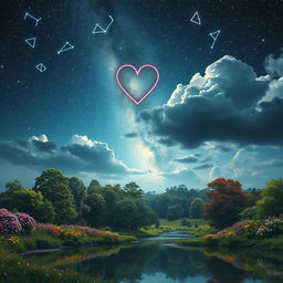 A surreal landscape representing the concept of an eternal puzzle, blending elements of love and pain intertwined with the beauty of nature and the vastness of the universe