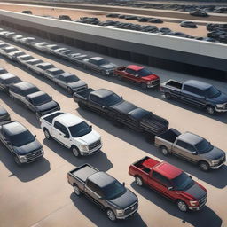 A spacious parking lot, filled with meticulously detailed Ford F-150 trucks