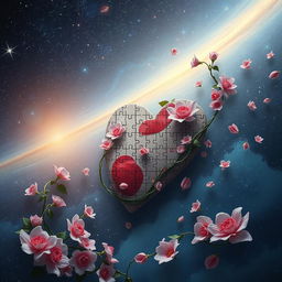 A surreal representation of an eternal puzzle symbolizing love and pain intertwined with elements of nature and the universe