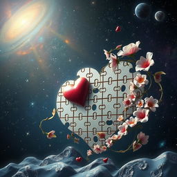 A surreal representation of an eternal puzzle symbolizing love and pain intertwined with elements of nature and the universe