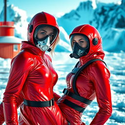 A hot woman wearing a red shiny cold water immersion suit, illustrating a sleek and modern design