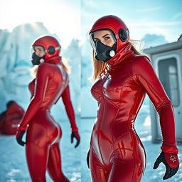 A hot woman clad in a sleek, shiny red cold water immersion suit that hugs her curves, highlighting her figure
