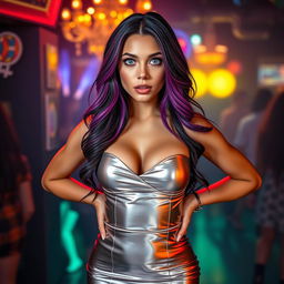 A full-length portrait of a stunning 21-year-old woman with angular facial features, round cheeks, and a round belly, showcasing her wide hips