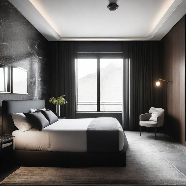 A modern-style bedroom, bathed in soft light, features a plush dark bed and lustrous black marble accents.