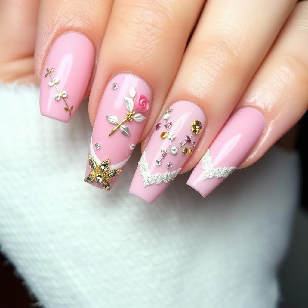 Nail art featuring beautifully designed nails with a base color of soft pink