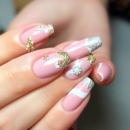Nail art featuring beautifully designed nails with a base color of soft pink