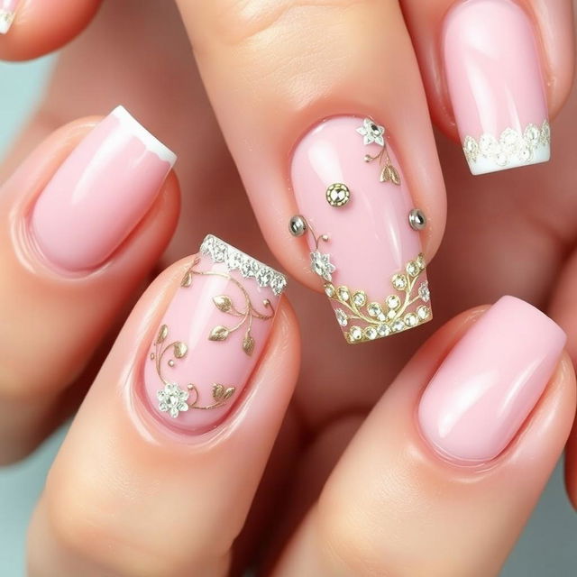 Nail art featuring beautifully designed nails with a base color of soft pink