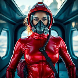 A hot woman wearing a tight, shiny red cold water immersion suit that reflects the bright arctic light