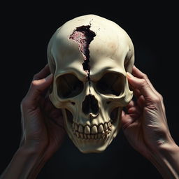 A hyper-realistic illustration of a human skull that has been dramatically torn open by hands