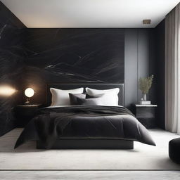 A modern-style bedroom, bathed in soft light, features a plush dark bed and lustrous black marble accents.