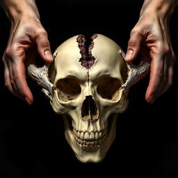 A hyper-realistic illustration of a human skull that has been dramatically torn open by hands