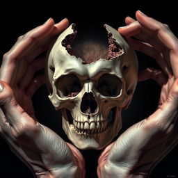 A hyper-realistic illustration of a human skull that has been dramatically torn open by hands