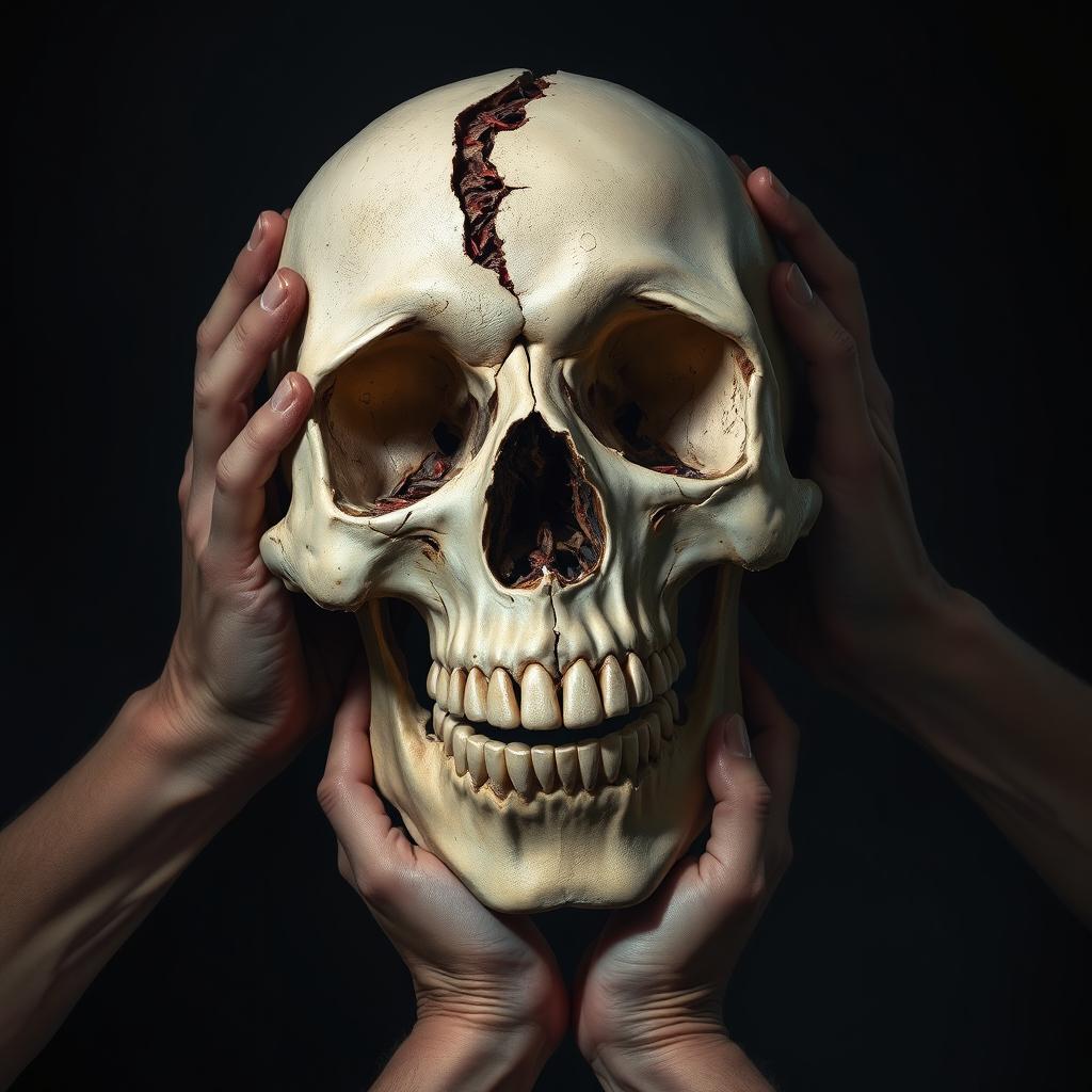 A hyper-realistic illustration of a human skull that has been dramatically torn open by hands