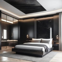 A modern-style bedroom, bathed in soft light, features a plush dark bed and lustrous black marble accents.