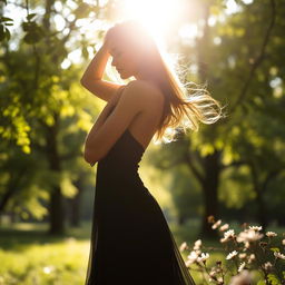 A beautifully serene scene featuring a young woman in an artistic pose, gracefully positioned in a tranquil natural setting surrounded by soft sunlight filtering through lush green trees
